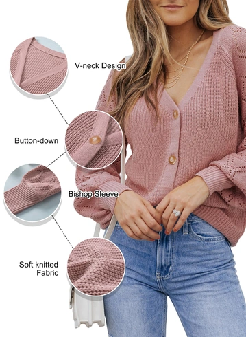 Cardigan, bluza tricotata larga cu maneci lungi si nasturi, pentru femei, Roz 2XL [5]