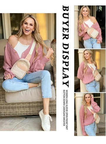 Cardigan, bluza tricotata larga cu maneci lungi si nasturi, pentru femei, Roz 2XL [4]