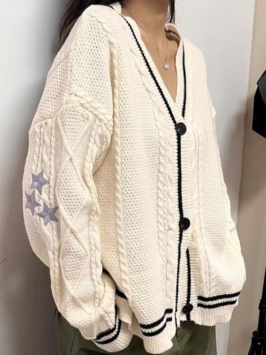 Cardigan, bluza tricotata larga cu maneci lungi si nasturi, pentru femei, Alb M [2]