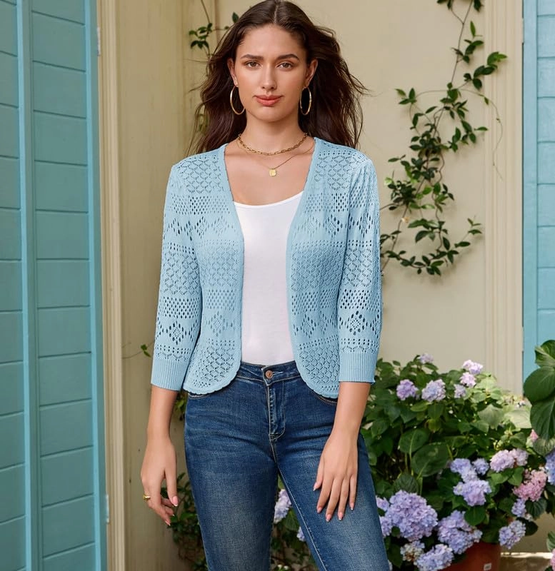 Bolero pentru femei- Bluza tricotata scurta, eleganta cu maneci 3/4 Bleu XL [3]