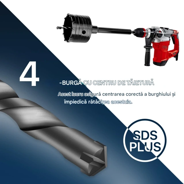 Carota pentru beton 110 mm dinți XXL, negru cu extensie SDS plus de 220 mm și burghiu central cu 4 caneluri 8x110 mm [5]