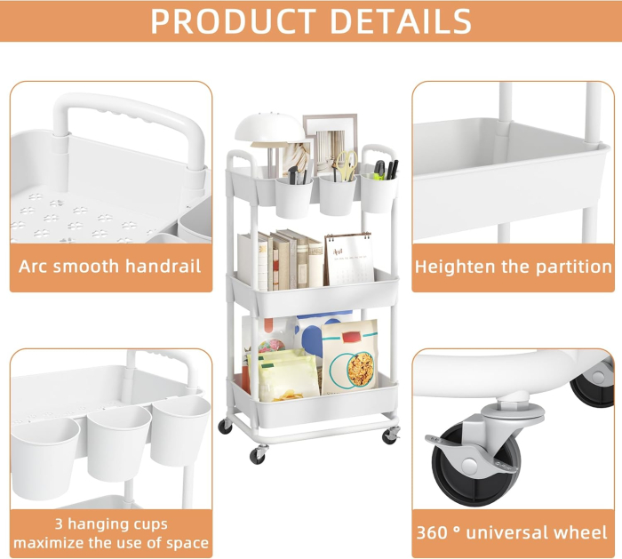 Carucior de depozitare alb cu 3 polite pentru baie, bucatarie 28x40x80 cm [6]