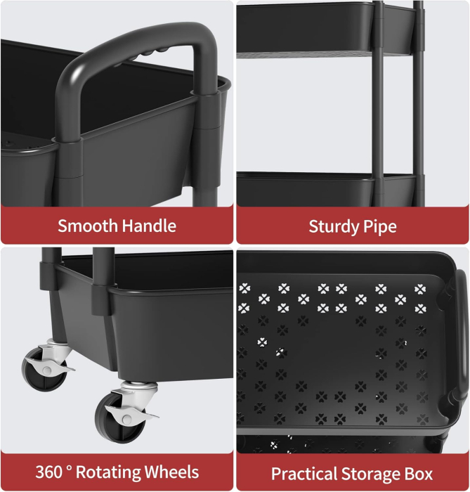 Carucior de depozitare negru cu 3 polite pentru baie, bucatarie 76x39x29 cm [2]