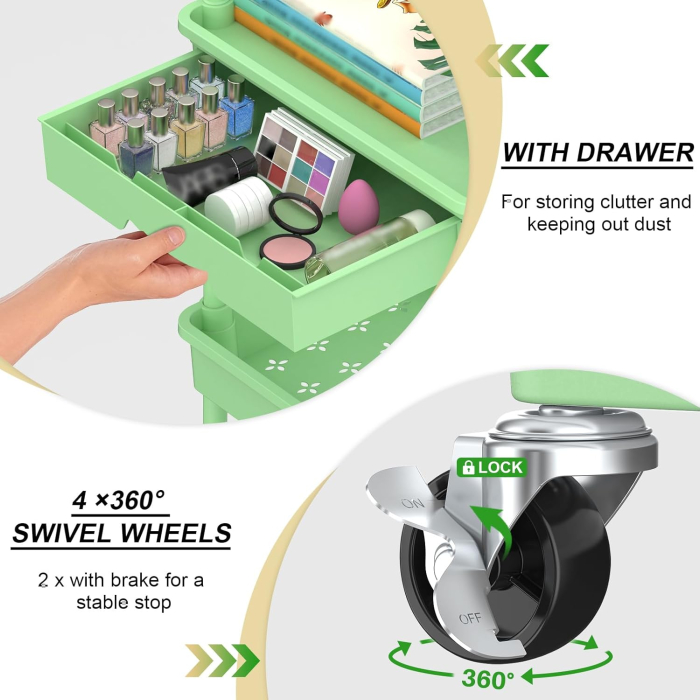 Carucior de depozitare verde cu 4 polite pentru baie, bucatarie 38,5x27x105 cm [2]