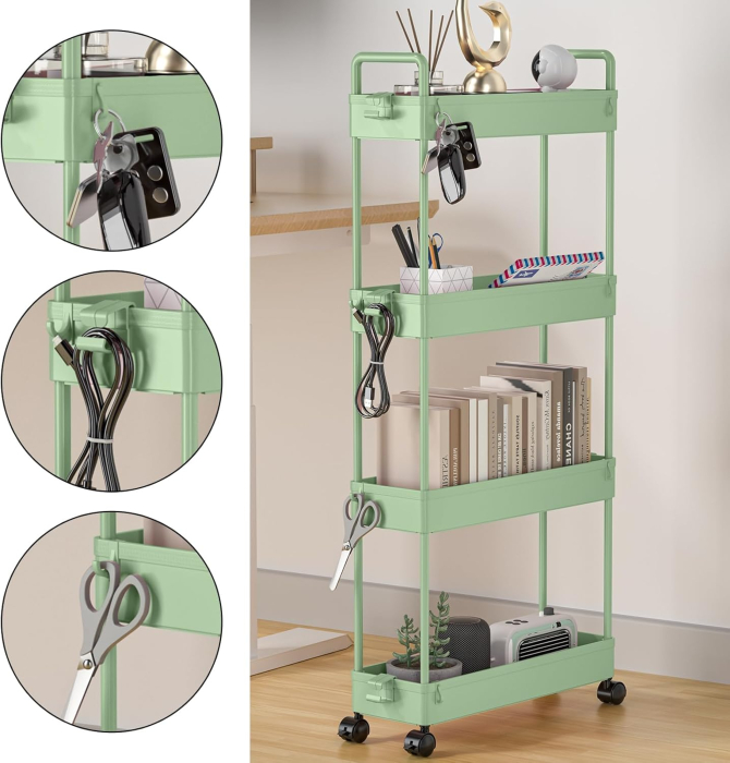 Carucior de depozitare verde cu 4 polite pentru baie, bucatarie 104.5x40x12.1 cm [4]