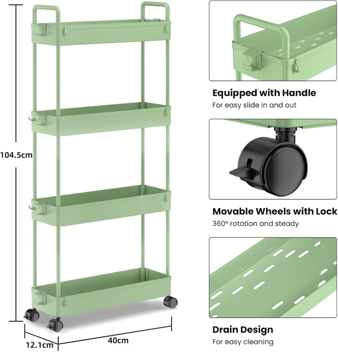 Carucior de depozitare verde cu 4 polite pentru baie, bucatarie 104.5x40x12.1 cm [2]