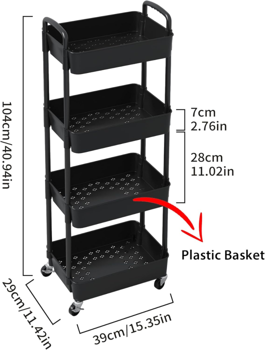 Carucior de depozitare negru cu 4 polite pentru baie, bucatarie 104x39x29 cm [2]