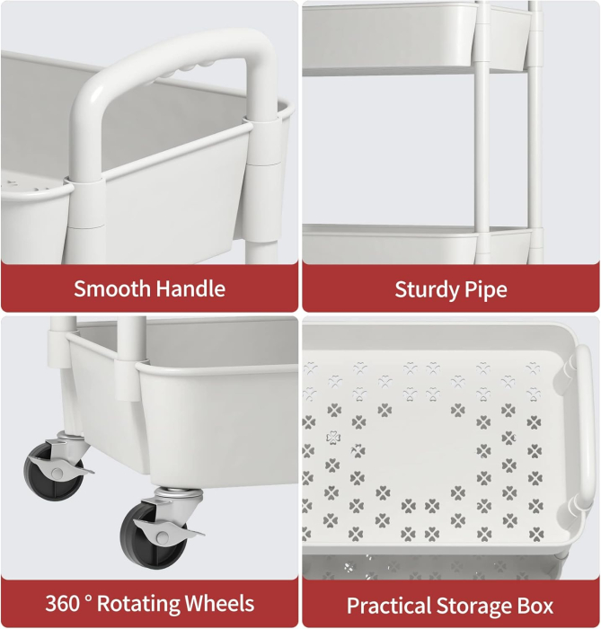 Carucior de depozitare alb cu 3 polite pentru baie, bucatarie 76x39x29 cm [2]