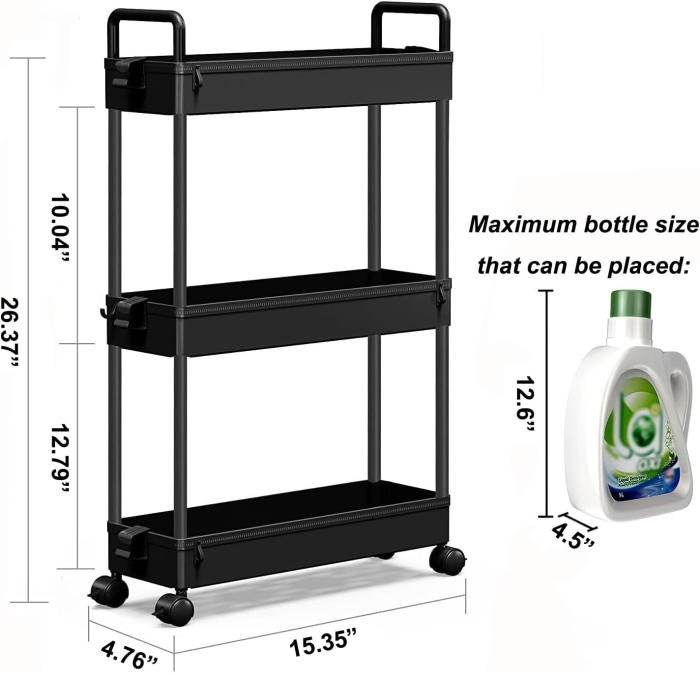 Carucior de depozitare negru cu 3 polite pentru baie, bucatarie 39x12x67 cm [3]