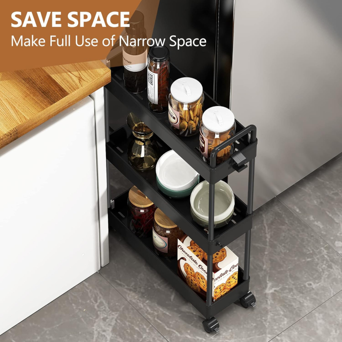 Carucior de depozitare negru cu 3 polite pentru baie, bucatarie 39x12x67 cm [5]