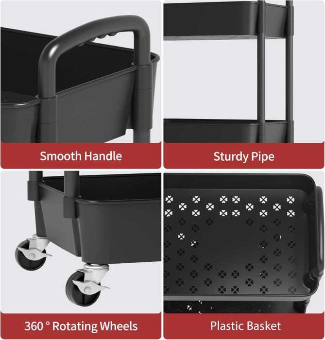 Carucior de depozitare negru cu 4 polite pentru baie, bucatarie 104x39x29 cm [4]