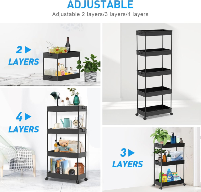 Carucior de depozitare negru cu 5 polite pentru baie, bucatarie 112x40x22 cm [4]