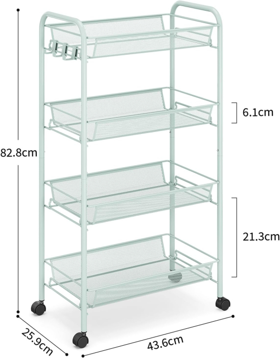Carucior de depozitare metalic verde cu 4 polite pentru baie, bucatarie, birou 43.6x25.9x82.8 cm [2]