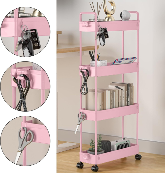 Carucior de depozitare roz cu 4 polite pentru baie, bucatarie 104.5x40x12.1 cm [4]