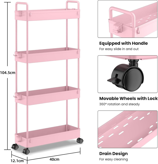 Carucior de depozitare roz cu 4 polite pentru baie, bucatarie 104.5x40x12.1 cm [2]