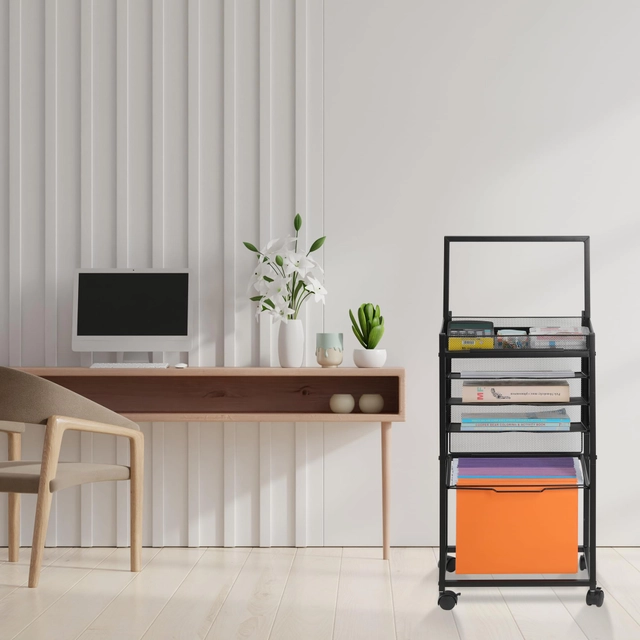 Carucior din otel pentru acte, pe roti, cu 5 niveluri, negru, 25.4 x 50,8 x 76.2 cm; 4 kg [5]