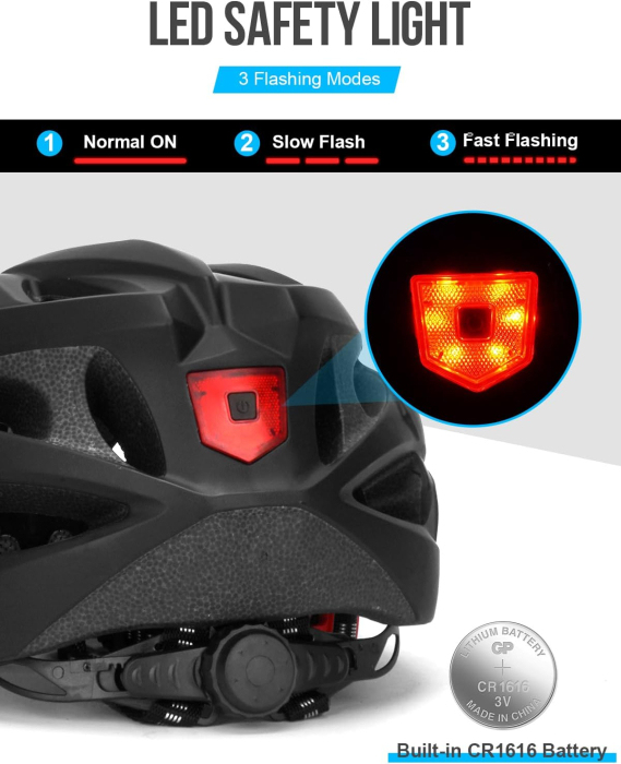 Cască Bicicletă cu LED, 56-62 cm, 220 g, 18 Ventilații, Vizieră Detașabilă [3]