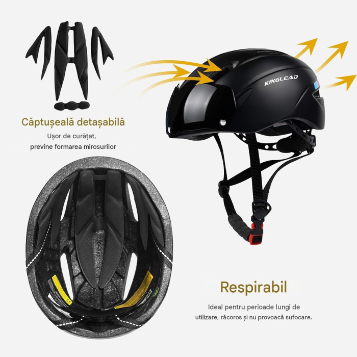 Cască neagra Bicicletă pentru Adulți, MTB/Road, CE, Vizieră Magnetică Detașabilă UV400, Reglabilă 57-61 cm, 7 Ventilații, 230 g [4]