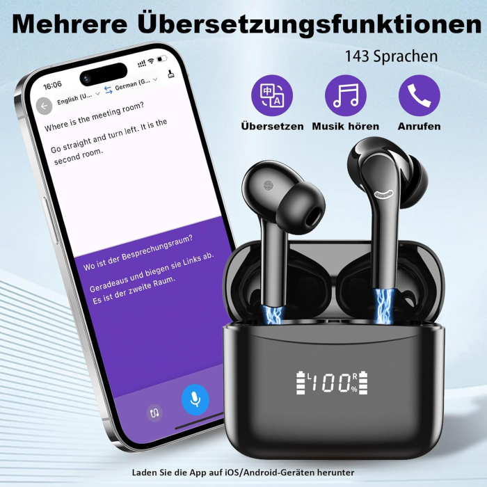 Căști fără fir Bluetooth cu traducător AI, traducere instantanee în 143 de limbi/42 de ore de redare [3]