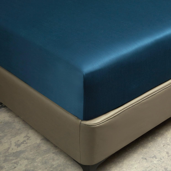 Cearceaf de pat, albastru mătase, satin lucios, 200x200x25 cm [4]