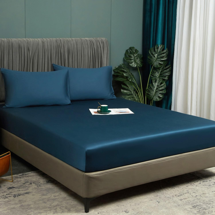 Cearceaf de pat, albastru mătase, satin lucios, 200x200x25 cm [2]