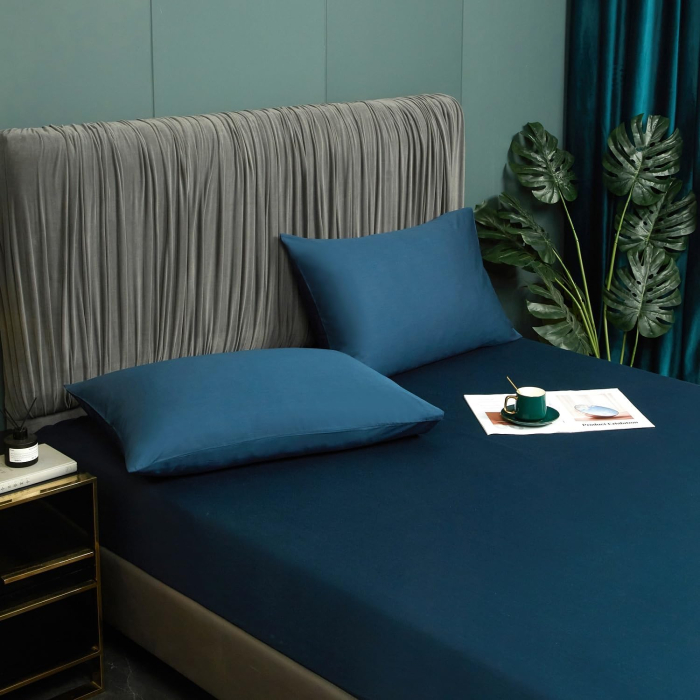 Cearceaf de pat, albastru mătase, satin lucios, 200x200x25 cm [5]