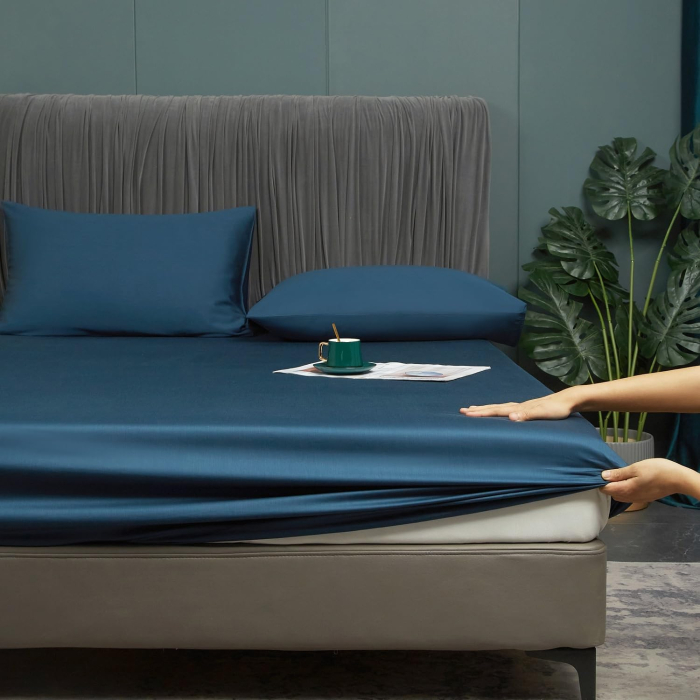 Cearceaf de pat, albastru mătase, satin lucios, 200x200x25 cm [3]