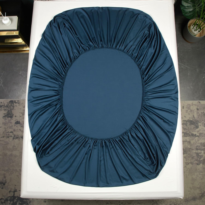 Cearceaf de pat, albastru mătase, satin lucios, 200x200x25 cm [6]