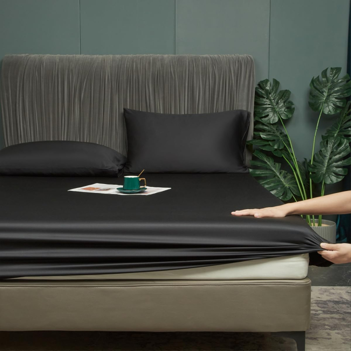 Cearsaf de pat gri, cu elastic, 160x200 cm + inaltimea bazei 25-30 cm, negru [3]