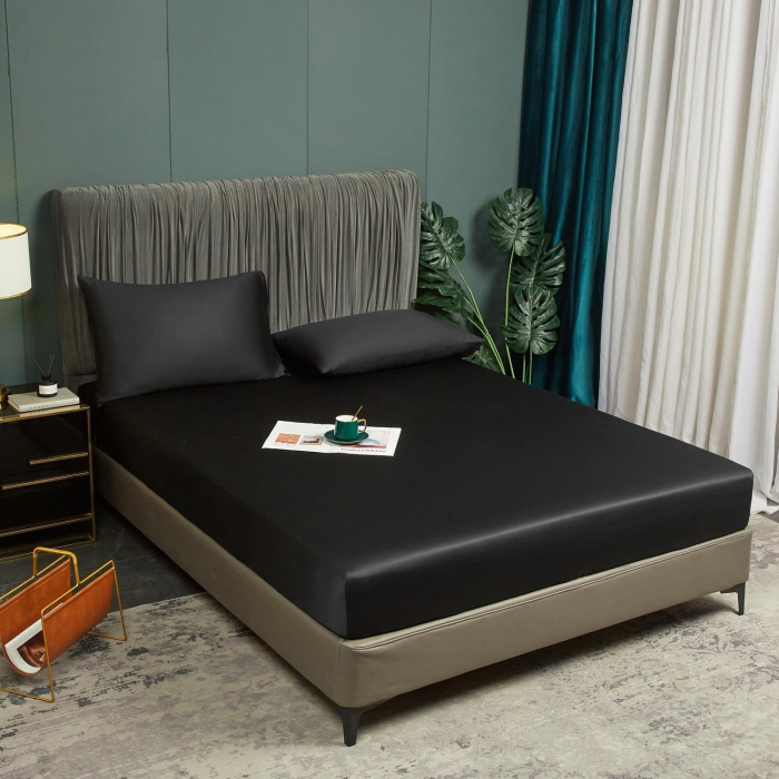 Cearsaf de pat gri, cu elastic, 160x200 cm + inaltimea bazei 25-30 cm, negru [2]