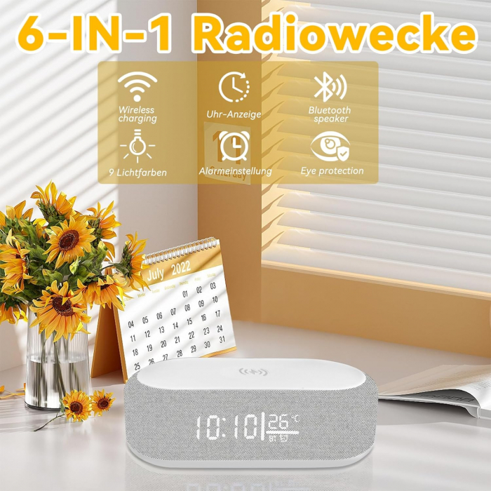 Ceas cu alarmă digital, încărcare fără fir 15W pentru iPhone/Samsung, difuzor Bluetooth, luminozitate reglabilă în 9 culori, afișaj cu temperatură [2]