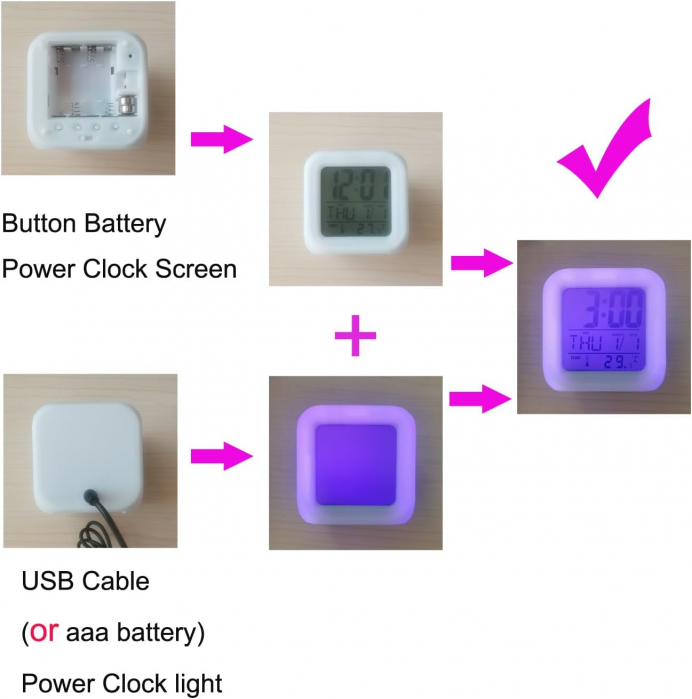 Ceas mic 7,8x7,8 cm, cub, cu alarma, iluminat LED 7 moduri, alimentare USB sau baterii [3]