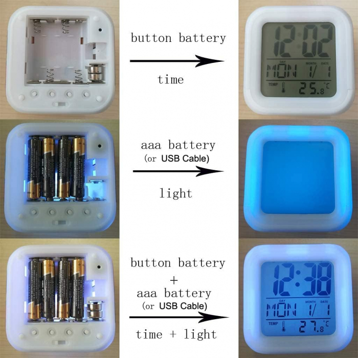 Ceas mic 7,8x7,8 cm, cub, cu alarma, iluminat LED 7 moduri, alimentare USB sau baterii [4]