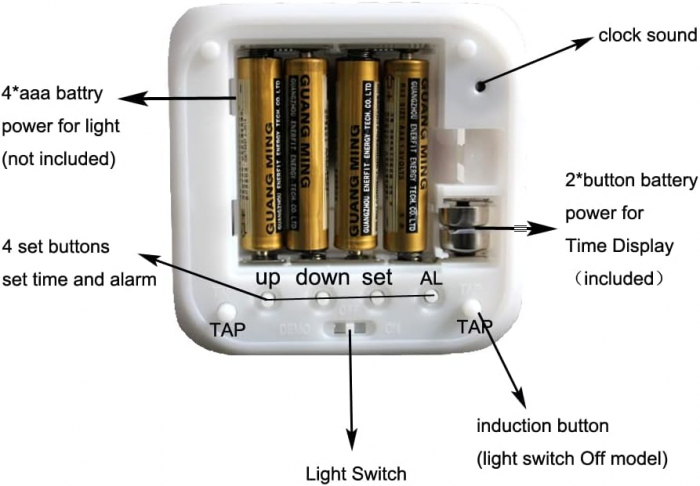 Ceas mic 7,8x7,8 cm, cub, cu alarma, iluminat LED 7 moduri, alimentare USB sau baterii [5]