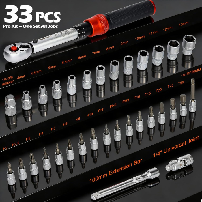 Cheie dinamometrica 1-25 Nm, acuratete ± 3%,patrat 1/4", clichet 72 dinți, set 33 piese [7]