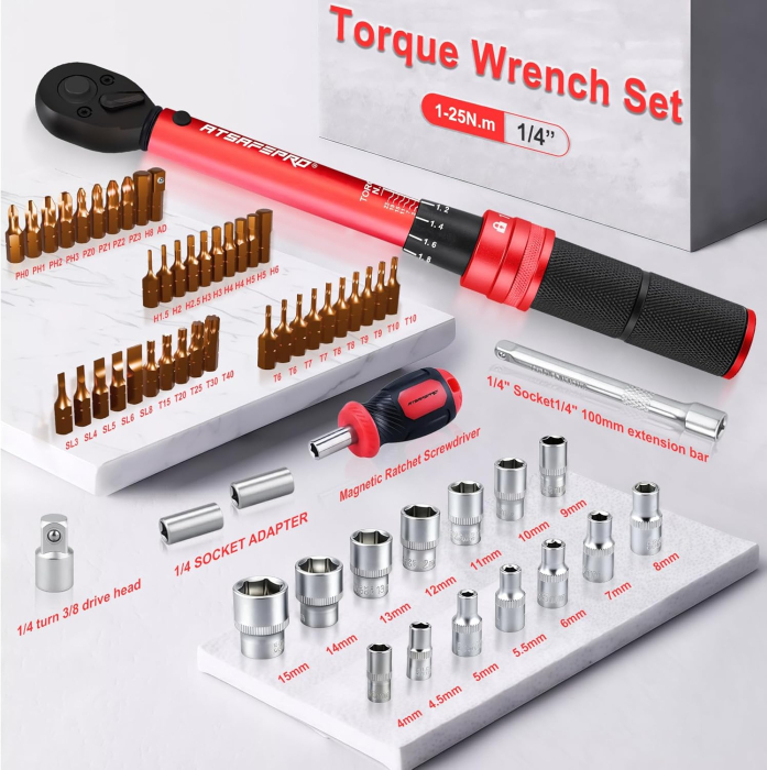 Cheie dinamometrica 1-25 Nm, acuratete ± 3%,patrat 1/4", clichet 72 dinți, set 61 piese [2]