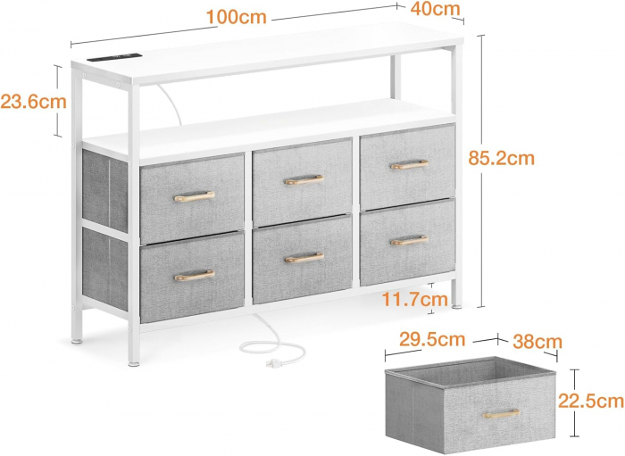 Comoda rama metal, placa ODK, 6 sertare textil, 2 porturi USB, 2 prize de 230v, 100x45x85.2 cm [3]
