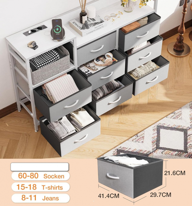 Comoda rama metal, placa MDF, 8 sertare textil, 2 porturi USB, 2 prize de 230v, 132 x 30 x 88 cm, alb și gri [6]