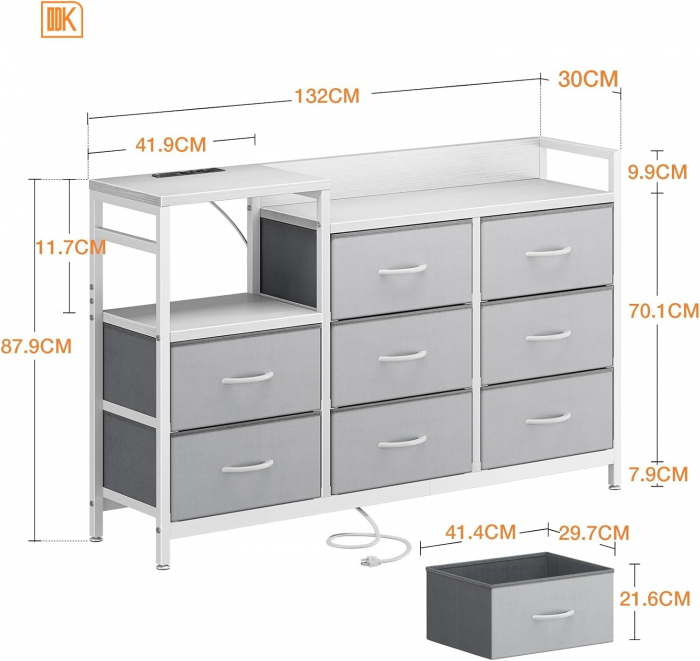 Comoda rama metal, placa MDF, 8 sertare textil, 2 porturi USB, 2 prize de 230v, 132 x 30 x 88 cm, alb și gri [3]
