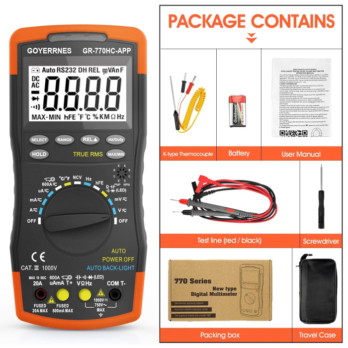 Multimetrul profesional :Test DC Voltage 60mV~1000V, AC Voltage 60mV ~ 750V, AC/DC Curent:600uA~600A, Capacitor:9.999nF~99.99mF, Frecvență: 9.99Hz~99MHz, Rezistență Range:600Ω ~ 60MΩ, Temperatura inte [5]
