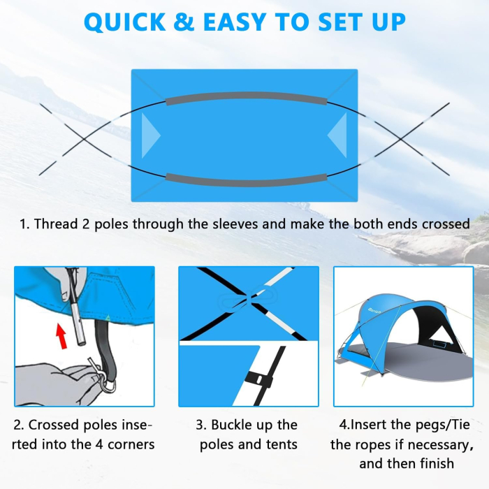 Cort de plaja cu deschidere automata pentru 3-4 persoane, albastru [8]