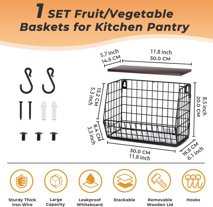 Set 2 Coșuri Fructe și Legume, Suprapozabile, Metalice, Capac Lemn, Suport Banane [4]