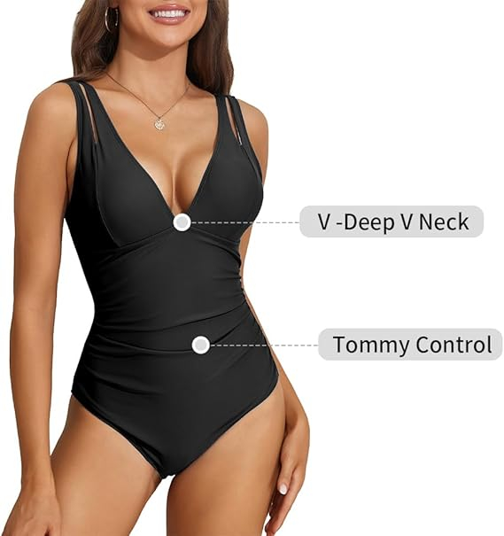 Costum negru de baie dintr-o bucata pentru femei, elastic, cu uscare rapida, control abdomen, M [6]