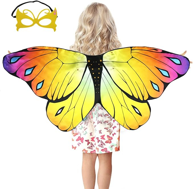 Costum carnaval pentru fete, tip pelerina, aripi multicolore de fluture, galben [1]
