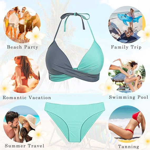 Costum de Baie Damă CheChury, Bikini 2 Piese Push-Up, Halter, Mărimea XL, Albastru [6]