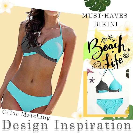 Costum de Baie Damă CheChury, Bikini 2 Piese Push-Up, Halter, Mărimea XL, Albastru [7]