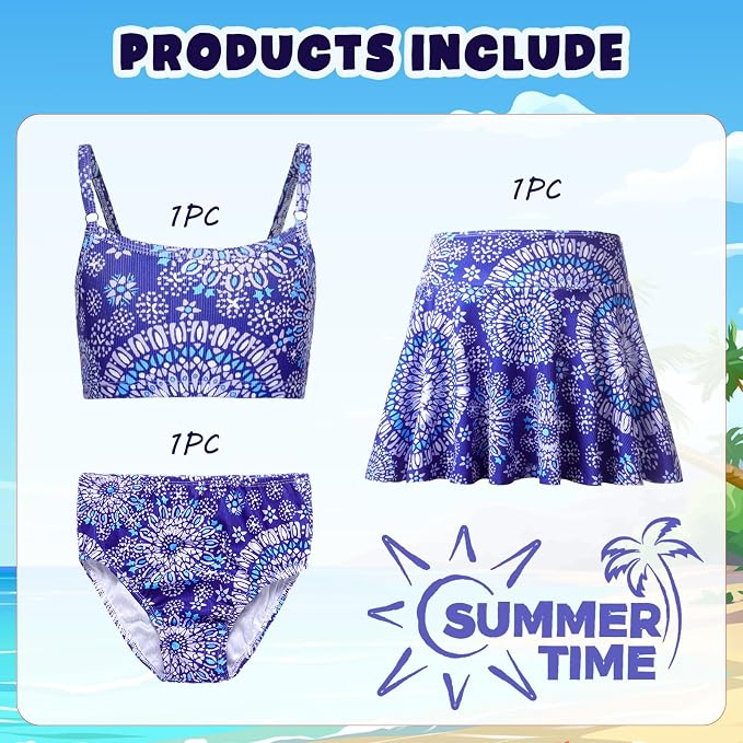 Costum de baie din 3 piese pentru fete, albastru cu model 130 cm [3]