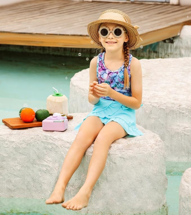 Costum de baie din 3 piese pentru fete, albastru cu model 140 cm [2]