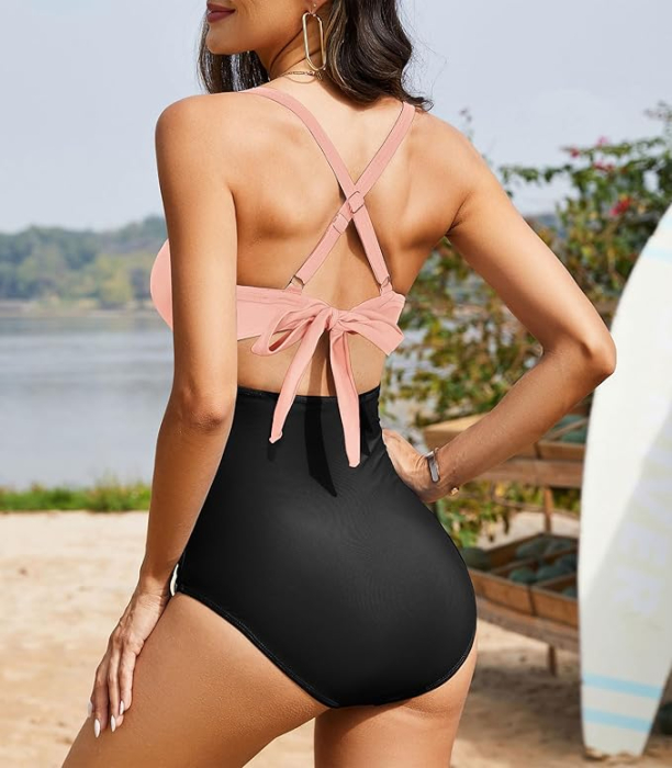 Costum de baie dintr-o bucata pentru femei, negru/roz XL [3]