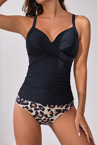 Costum de baie din 2 bucati pentru femei, top negru si slip inalt, S [5]